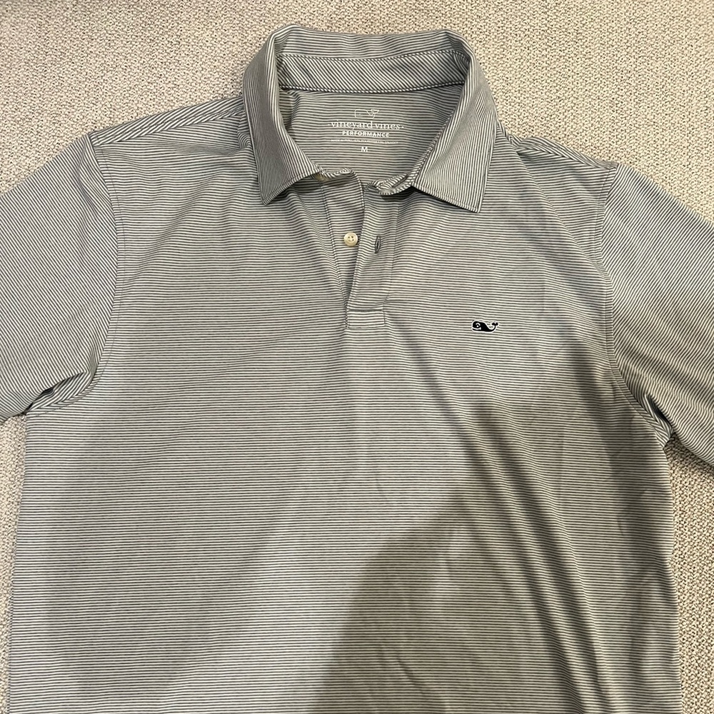 Vineyard Vines men’s medium gray and white striped polo performance golf shirt